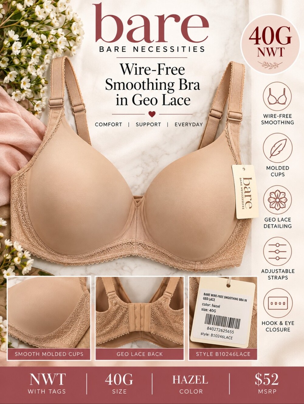 NWT 40G Bare Necessities Wire-Free Smoothing Bra Geo Lace Hazel